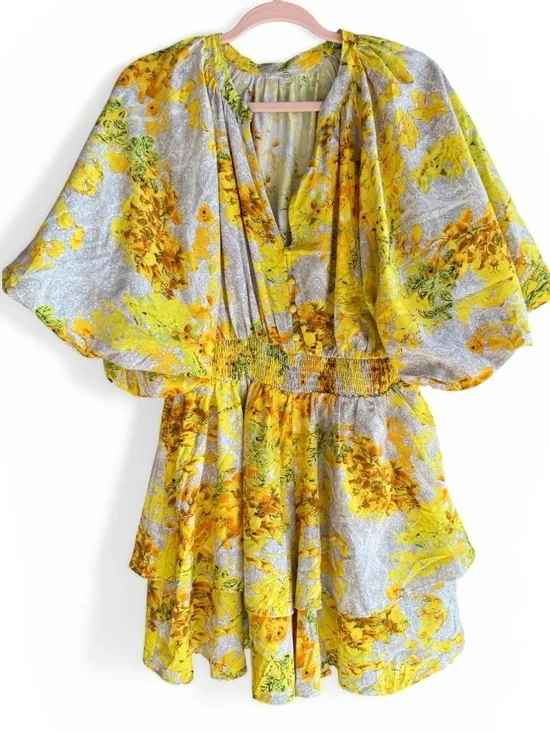 Entro Yellow Floral V-Neck Tiered Romper Women L - Picture 2 of 10